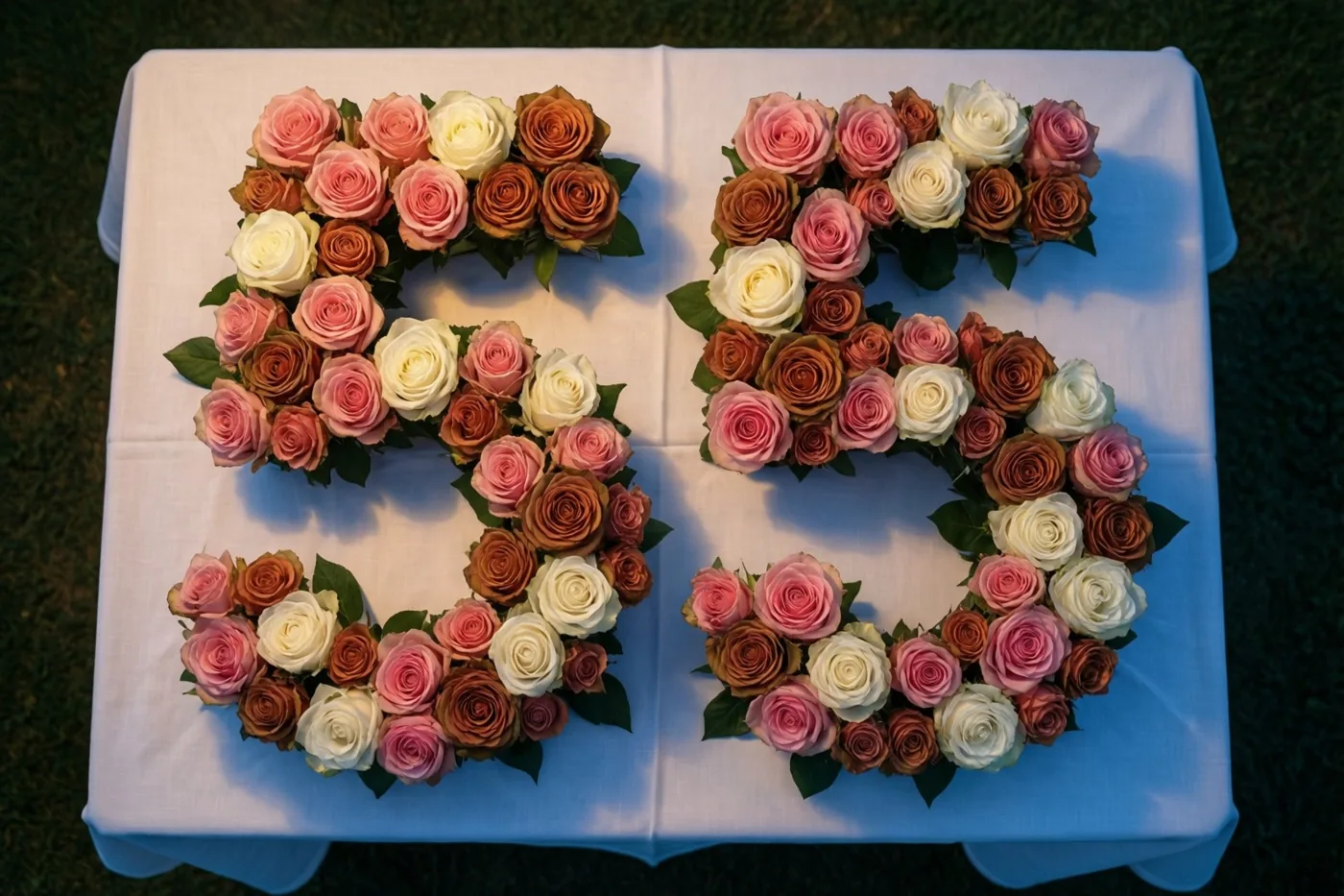 Roze en witte rozen vormen 55 op een wit tafelkleed buiten op het gras, van bovenaf gezien in zacht licht.