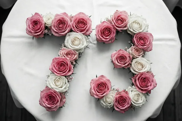 Van bovenaf zijn roze en witte rozen te zien die samen het getal 73 vormen op een wit tafelkleed.