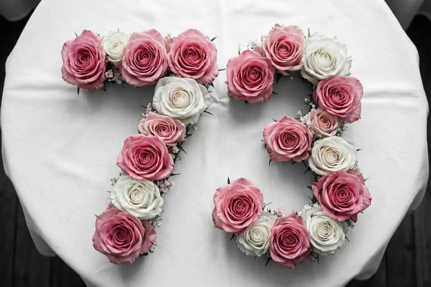 Van bovenaf zijn roze en witte rozen te zien die samen het getal 73 vormen op een wit tafelkleed.