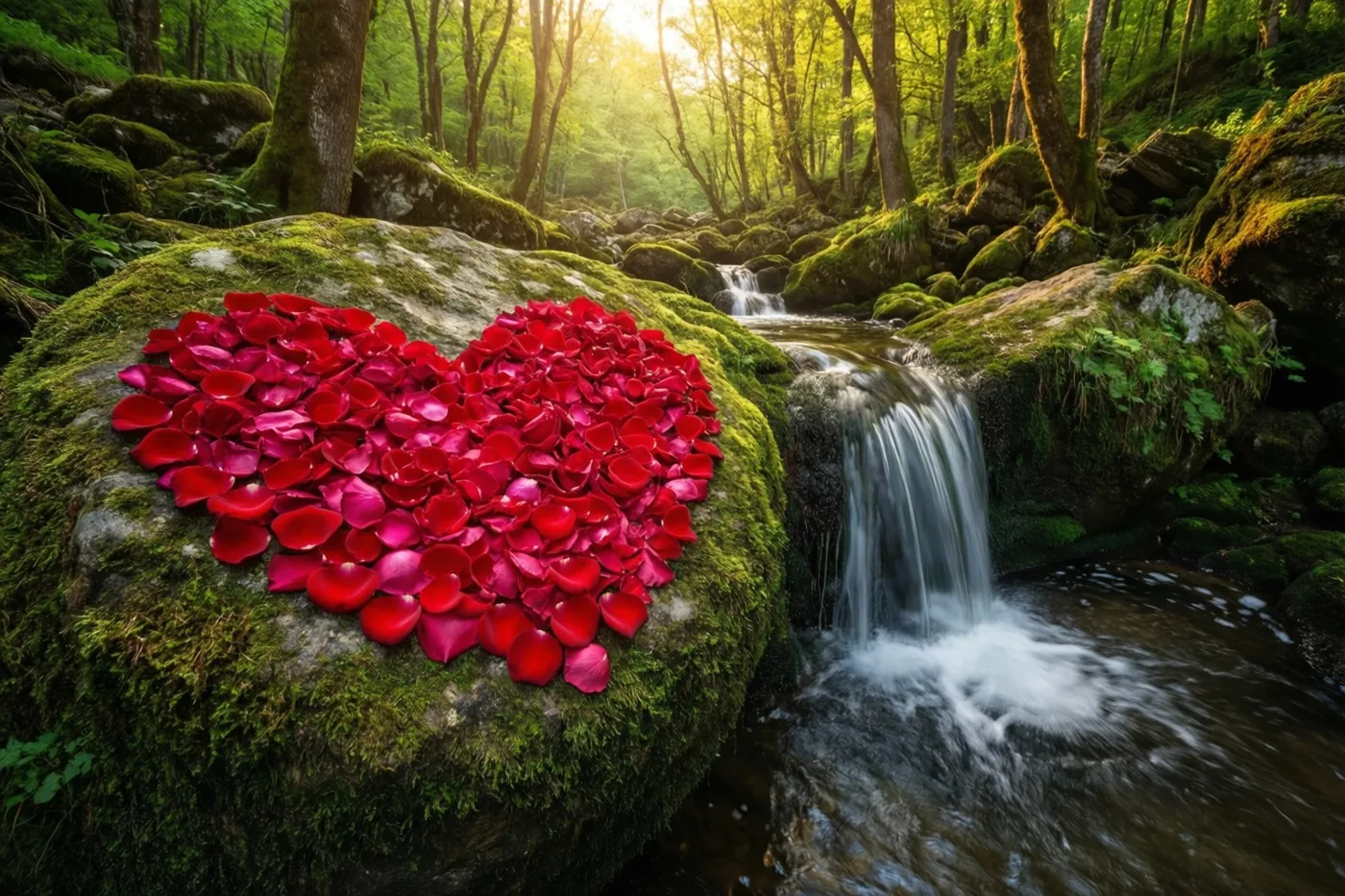 Een hart van rode rozenblaadjes ligt op een mossige rots naast een kleine waterval in een zonnig bos met groene bomen.