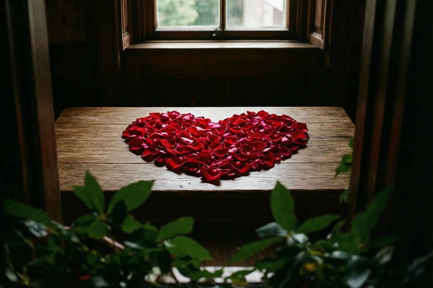 Rode rozenblaadjes vormen een hart op een rustieke houten tafel, gezien door een donker houten kader met groen op de voorgrond en een raam achteraan.