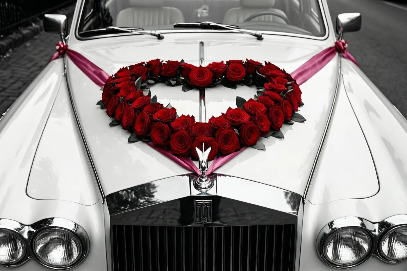 Een witte vintage trouwauto draagt een hart van rode rozen met roze satijnen linten op de motorkap, tegen een zwart-witte achtergrond.