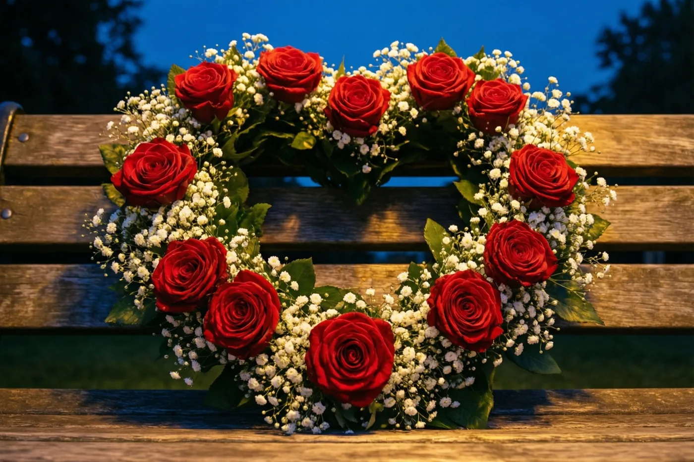 Een hartvormige krans van rode rozen en wit gipskruid ligt op een houten bank tegen een donkerblauwe schemerhemel.