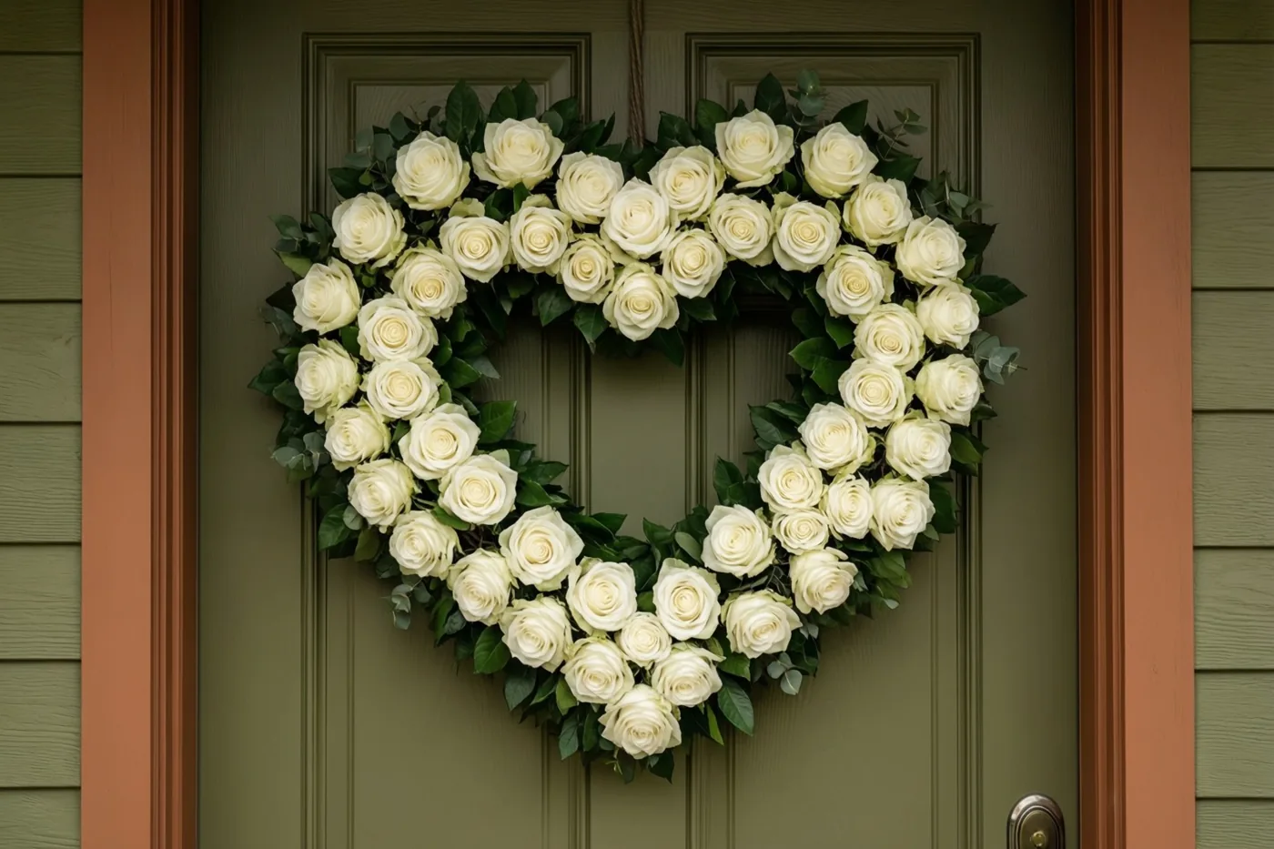 Een hartvormige krans van witte rozen en groen hangt aan een donkergroene voordeur met lichtgroene gevelbekleding en roodbruine omlijsting.