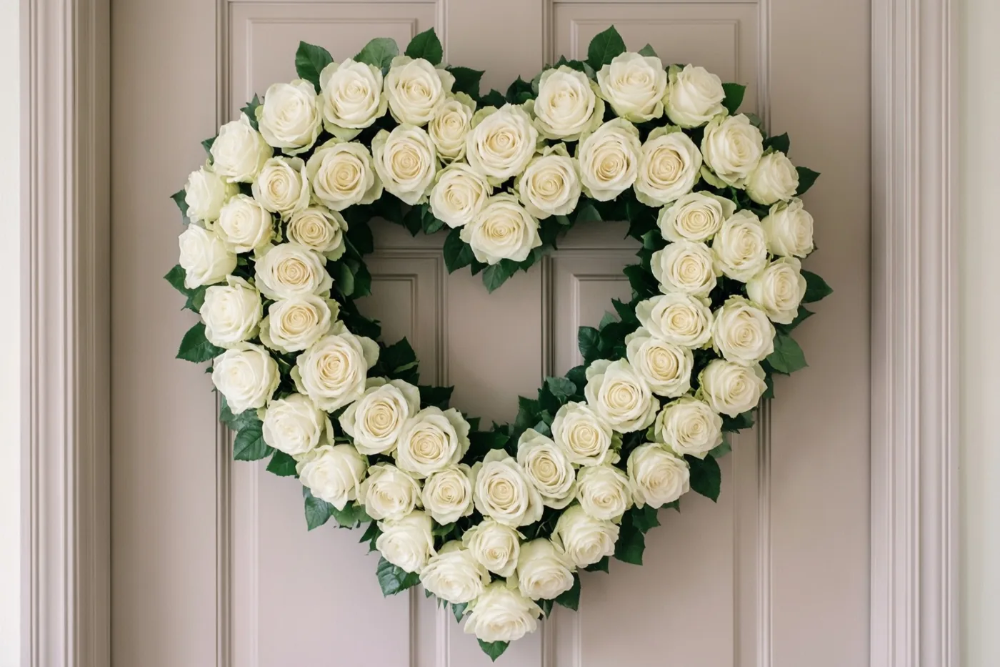 Een hartvormige krans van witte rozen en groene bladeren hangt aan een lichtgekleurde voordeur.