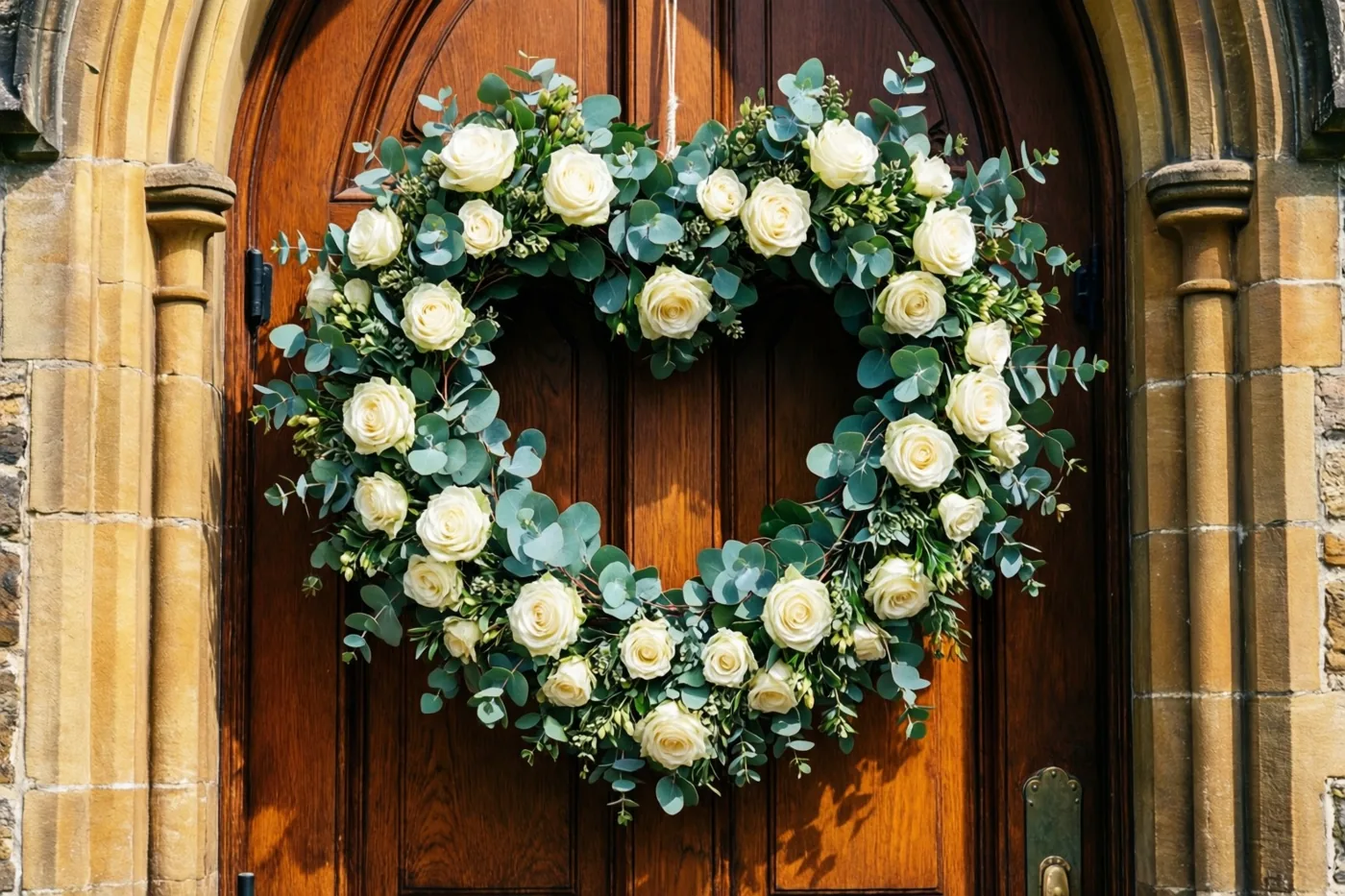 Een hartvormige krans van witte rozen en eucalyptus hangt aan een donkere houten kerkdeur tussen stenen zuilen in warm zonlicht.