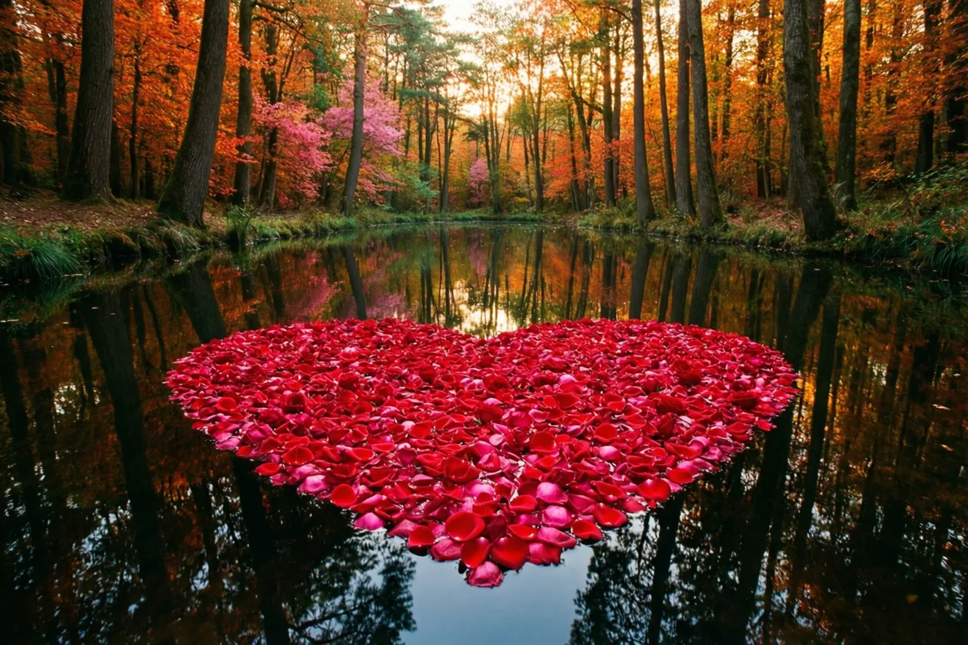Een hart van rode rozenblaadjes drijft op een rustige vijver die hoge bomen met oranje en roze herfstbladeren in goudkleurig licht weerspiegelt.
