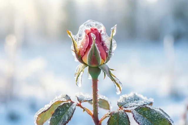 Een rozenknop in winterglas
