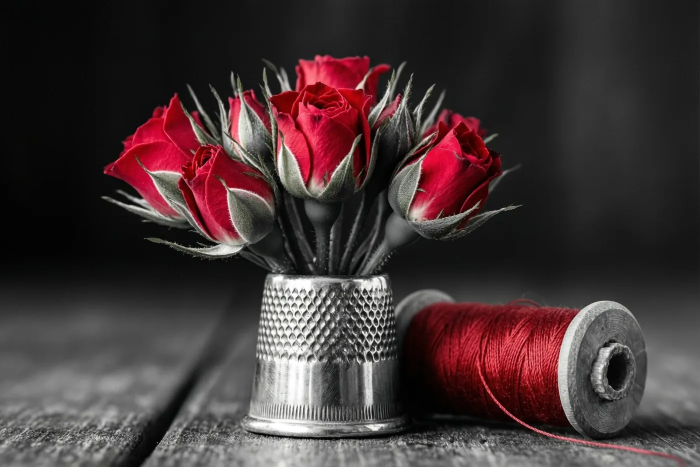 Rode rozenknoppen in een zilveren vingerhoed staan naast een klos rood garen op donker hout, waarbij de bloemen en het garen rood afsteken tegen een zwart-witte omgeving.