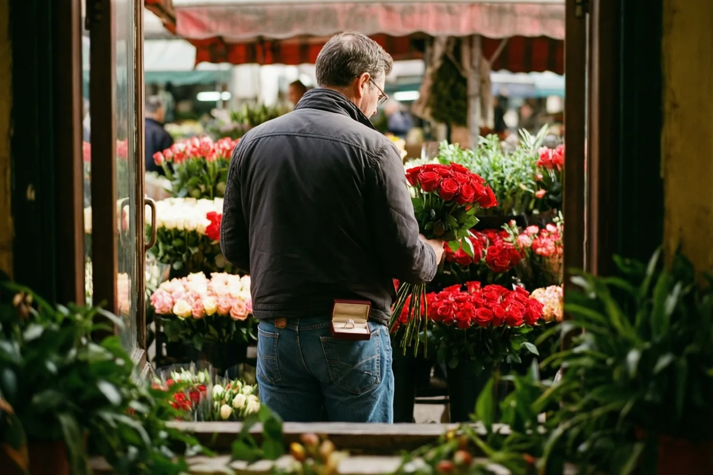 Een man kiest met de rug naar de camera rode rozen aan een marktkraam, met een open ringdoosje in zijn achterzak en rode, witte en roze rozen onder luifels om hem heen.