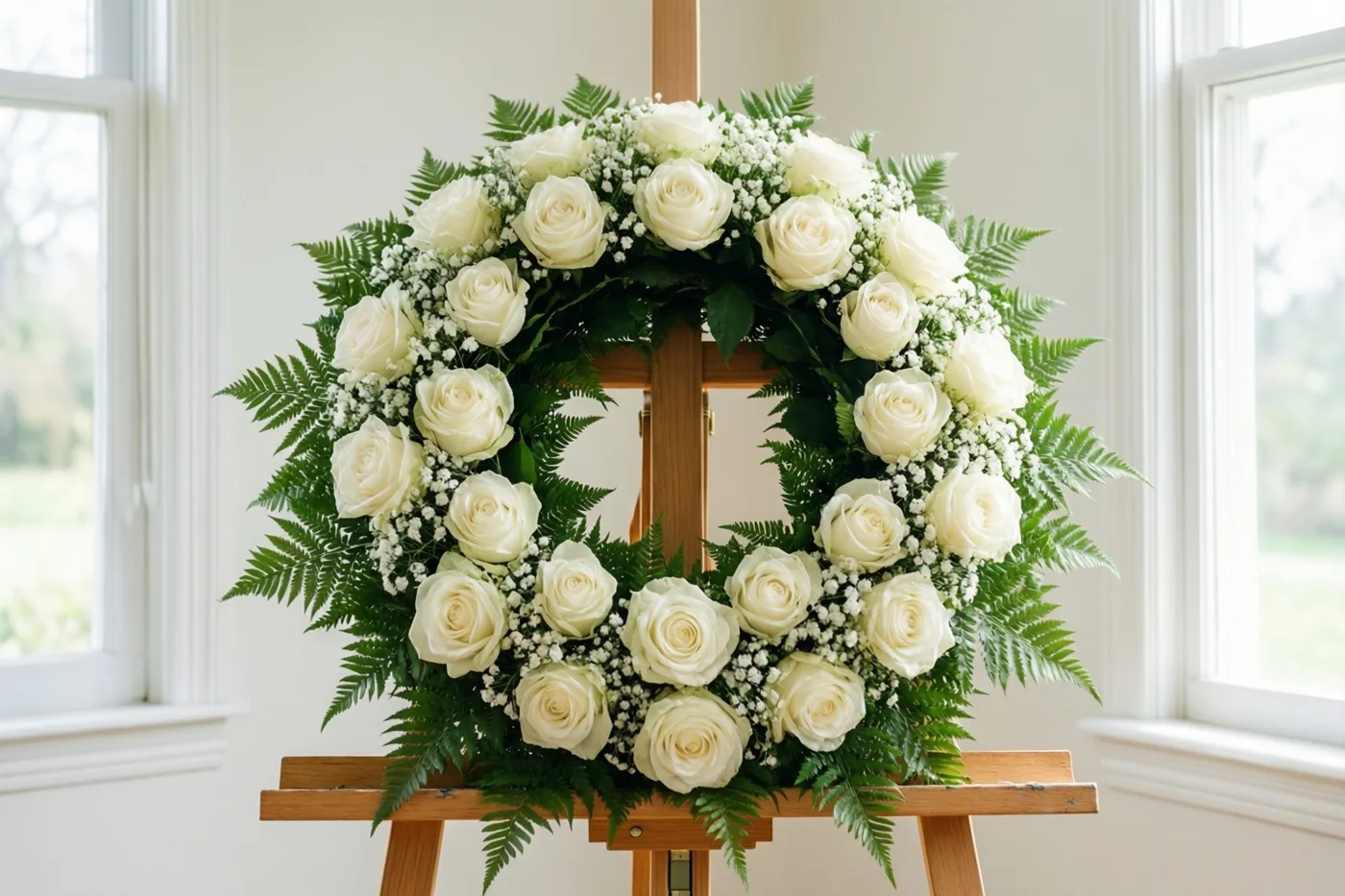 Een ronde krans van witte rozen en groene varens rust op een houten ezel in een lichte kamer met ramen aan weerszijden.