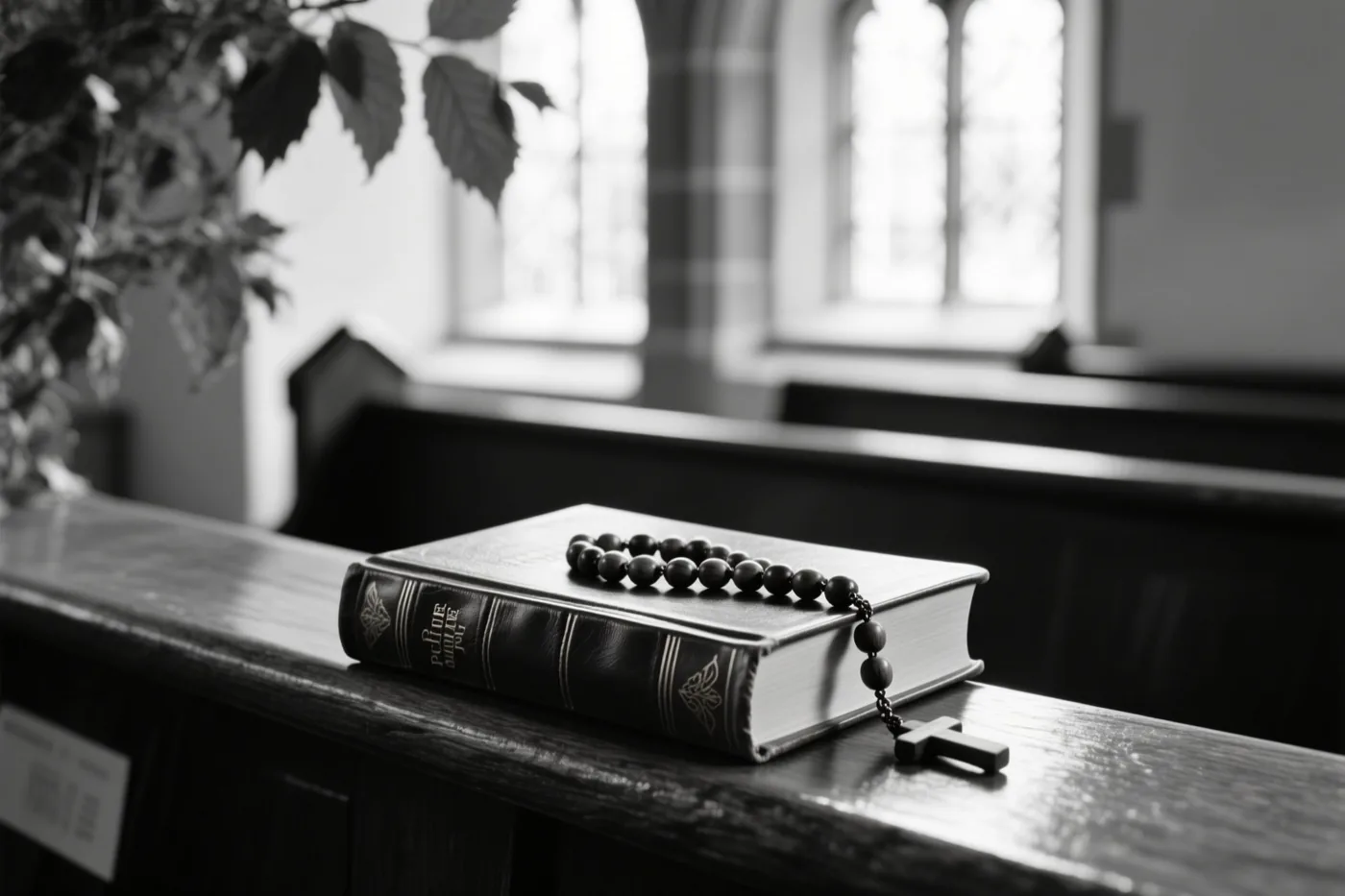 Een houten rozenkrans ligt op een gesloten leren gebedenboek op een kerkbank in een schemerige kerk met ramen op de achtergrond.