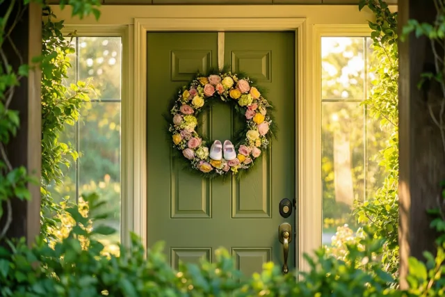 Een groene voordeur draagt een krans met pastelkleurige rozen en babyschoentjes, omringd door groen in warm zonlicht.