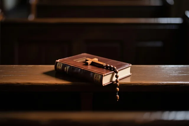 Een houten rozenkrans met een kruis ligt op een gesloten leren gebedenboek op een houten kerkbank in warm, zacht licht.