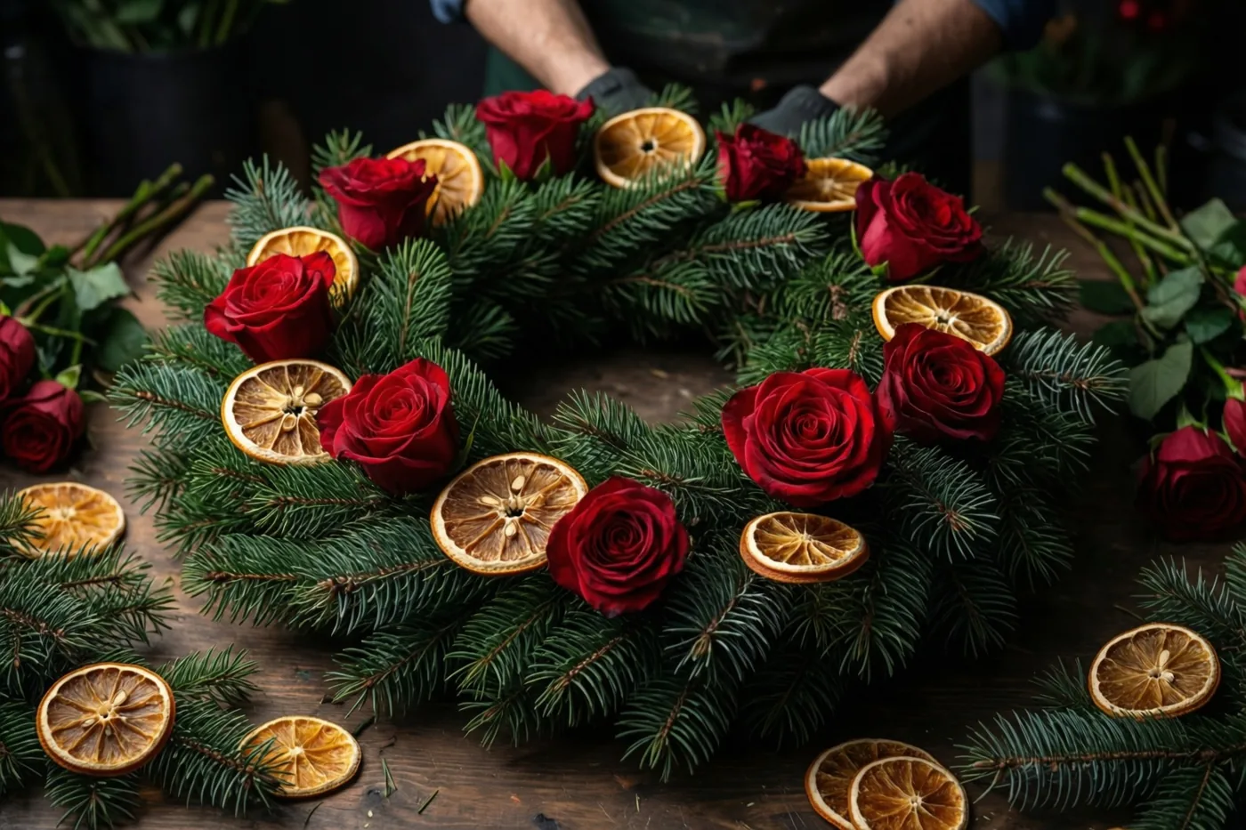 Een half afgewerkte kerstkrans van dennentakken, rode rozen en gedroogde sinaasappelschijfjes ligt op een houten werkbank.