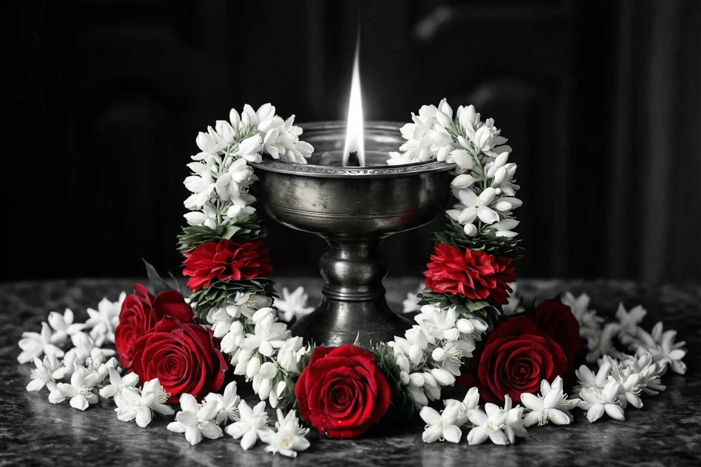 Een brandende messing olielamp is omringd door een slinger van witte jasmijn en rode rozen tegen een donkere achtergrond.
