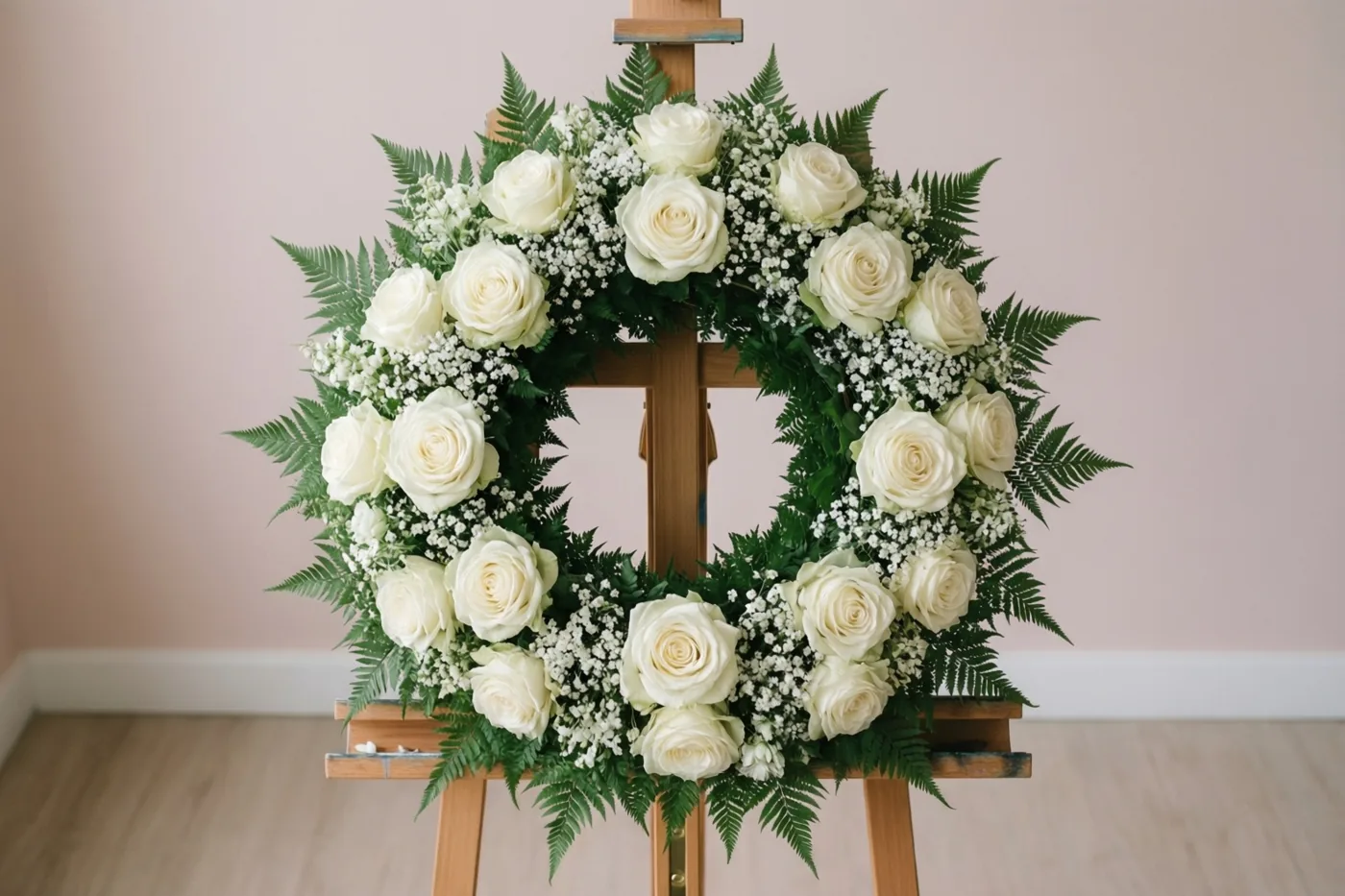 Een ronde krans van witte rozen en groene varens staat op een houten ezel in een kamer met lichtroze muren en een houten vloer.