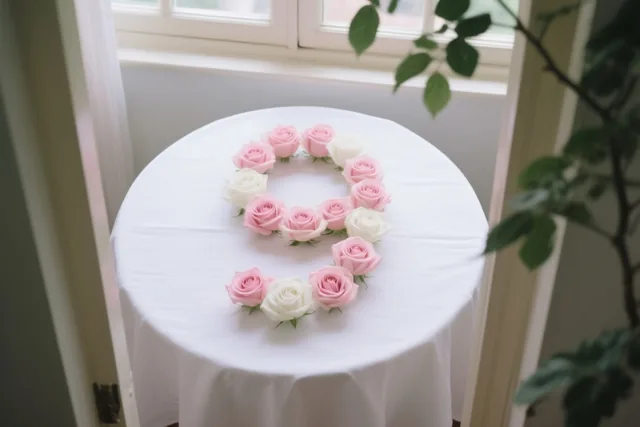 Van bovenaf is een 9 van roze en witte rozen te zien op een wit tafelkleed bij een raam, met natuurlijk licht en groen gebladerte op de achtergrond.