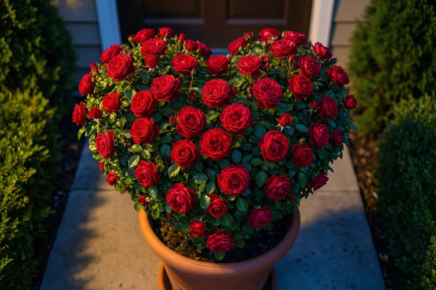 Een terracotta pot vol rode rozen staat op een betonnen drempel tussen groene struiken in warm, goudkleurig licht.