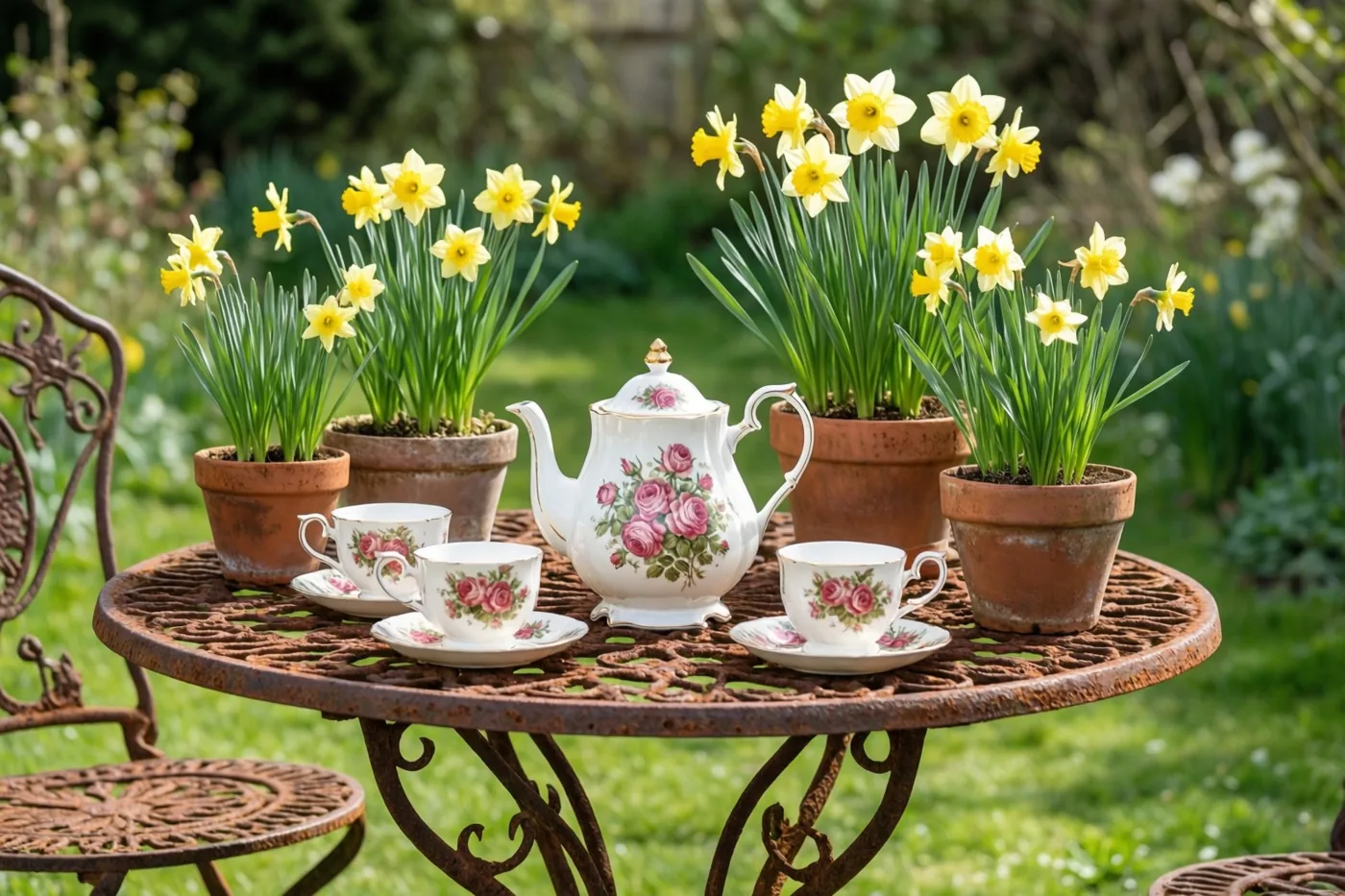 Een oud porseleinen theeservies met rozenmotief staat op een roestige ijzeren tuintafel tussen narcissen in potten, met groen gras en onscherp gebladerte in een zonnige tuin.