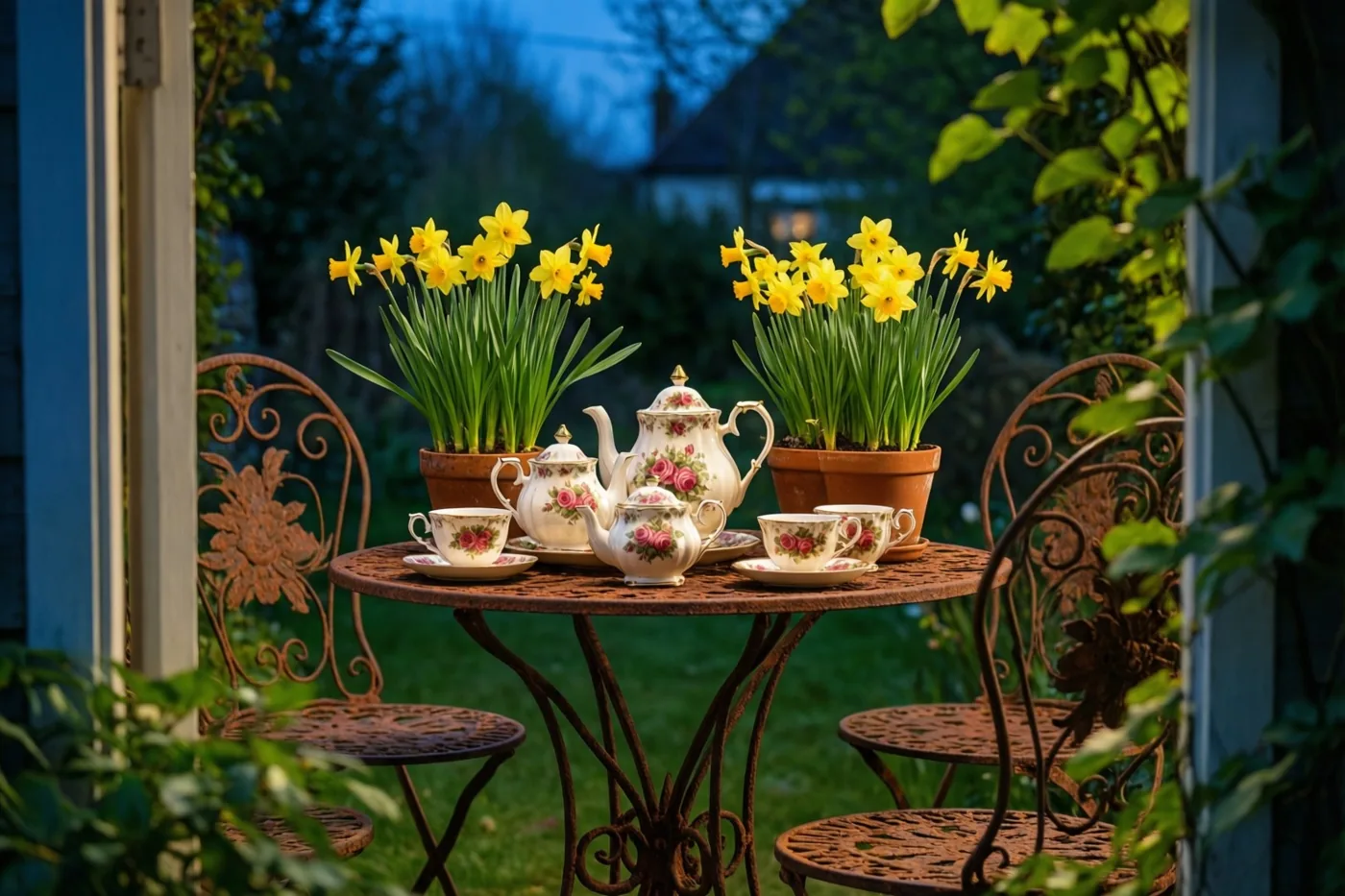 Een oud porseleinen theeservies met rozenmotief staat op een roestige ijzeren tuintafel tussen twee potten gele narcissen, in een schemerige tuin met warm licht op de bloemen en het servies.