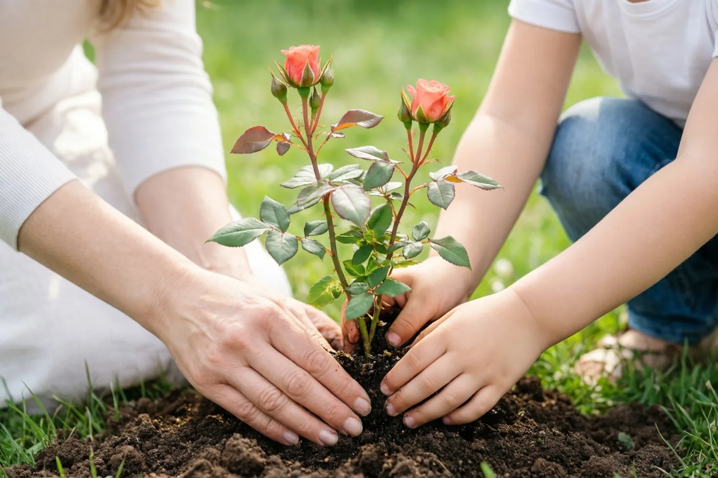 Een hand van een volwassene en een kinderhand planten samen een klein rozenstruikje in donkere aarde op een groen gazon in daglicht.