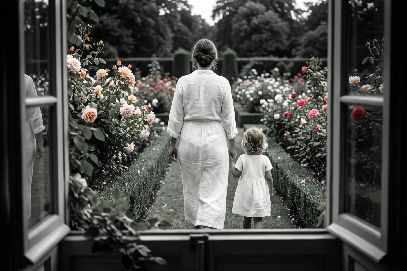 Door een raamkozijn heen zijn een moeder en kind in witte linnen jurken van achteren te zien, hand in hand in een rozentuin met zachte kleuren tegen een grotendeels monochrome achtergrond.
