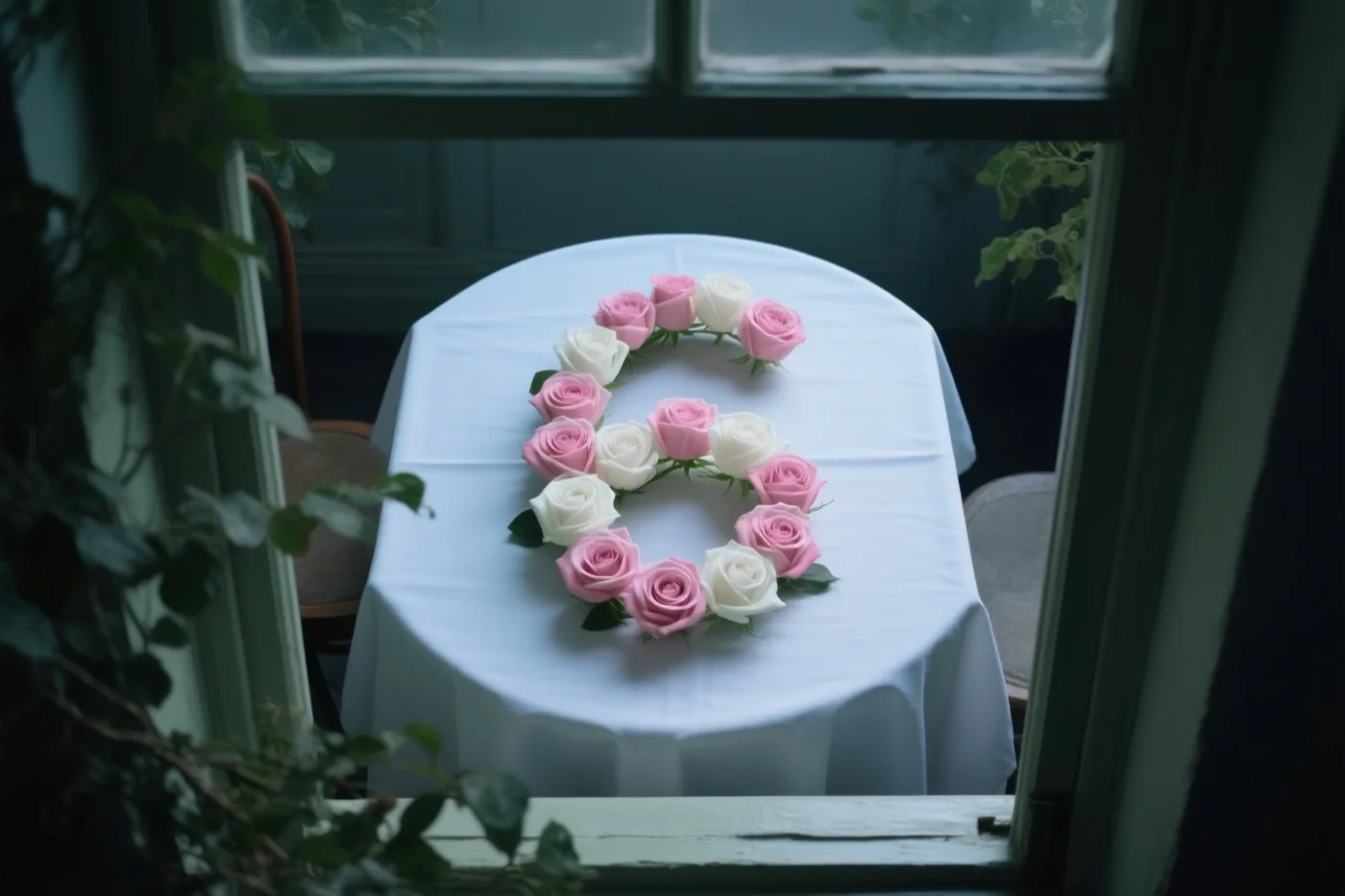 Door een raam zie je van bovenaf het cijfer 6 van roze en witte rozen op een wit tafellaken, met groen op de voorgrond.