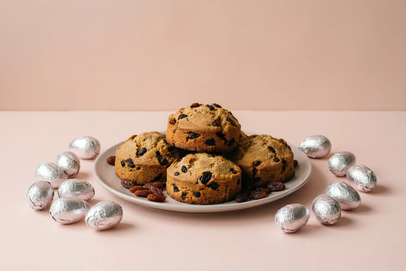 Een bord goudbruine rozijnenmuffins staat op een lichtroze oppervlak tussen chocolade-eitjes in zilverkleurige folie, tegen een effen roze achtergrond.