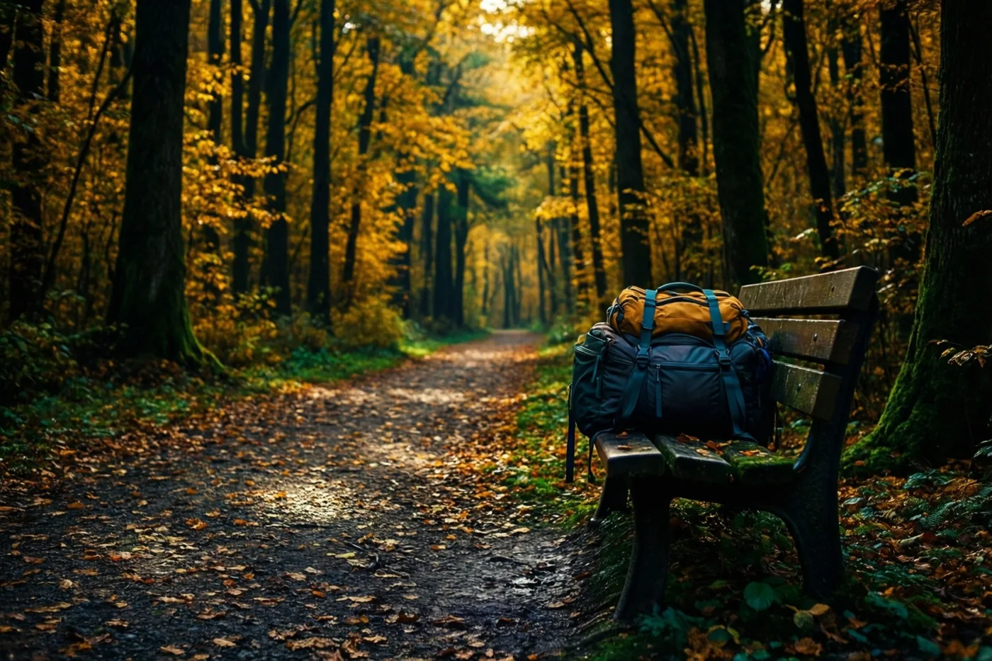 Een grote rugzak ligt op een houten bank naast een bospad vol gevallen bladeren, tussen hoge bomen met goudkleurig herfstloof in warm zacht licht.
