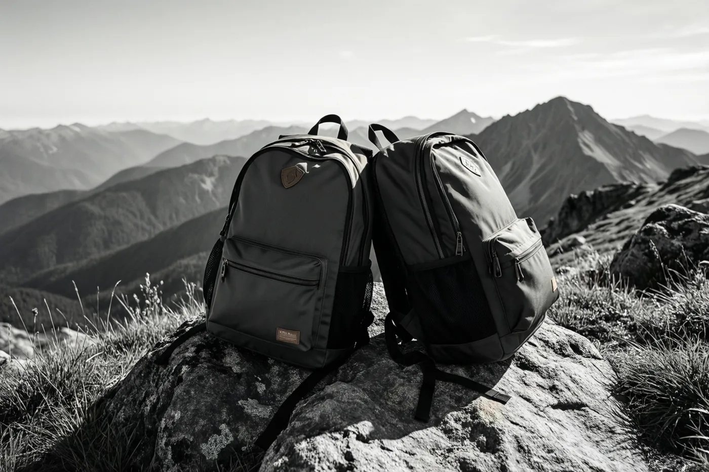 Op een zwart-witfoto leunen twee rugzakken tegen elkaar op een grote rots op een bergtop, met bergketens op de achtergrond.