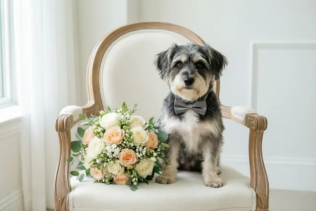 Een ruige hond in trouwtenue