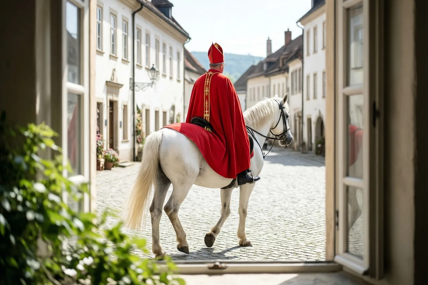 Door een open deur is een figuur in een rode bisschopsmantel van achteren te zien op een wit paard, op een zonnig kasseienplein langs witte gebouwen.