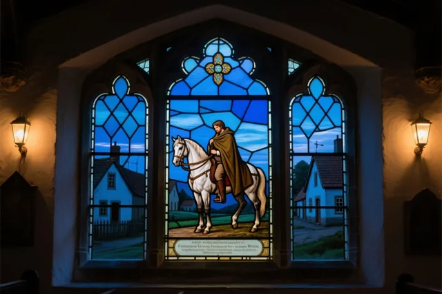 Een glas-in-loodraam in een kerk toont een ruiter met een bruine mantel op een wit paard in een dorpstafereel, in vooral blauw, bruin en wit.