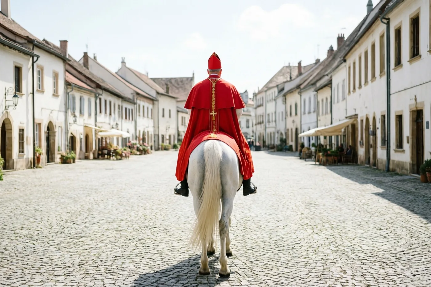 Een figuur in een rode bisschopsmantel rijdt, van achteren gezien, op een wit paard over een zonnig kasseienplein met witte gebouwen langs de straat.