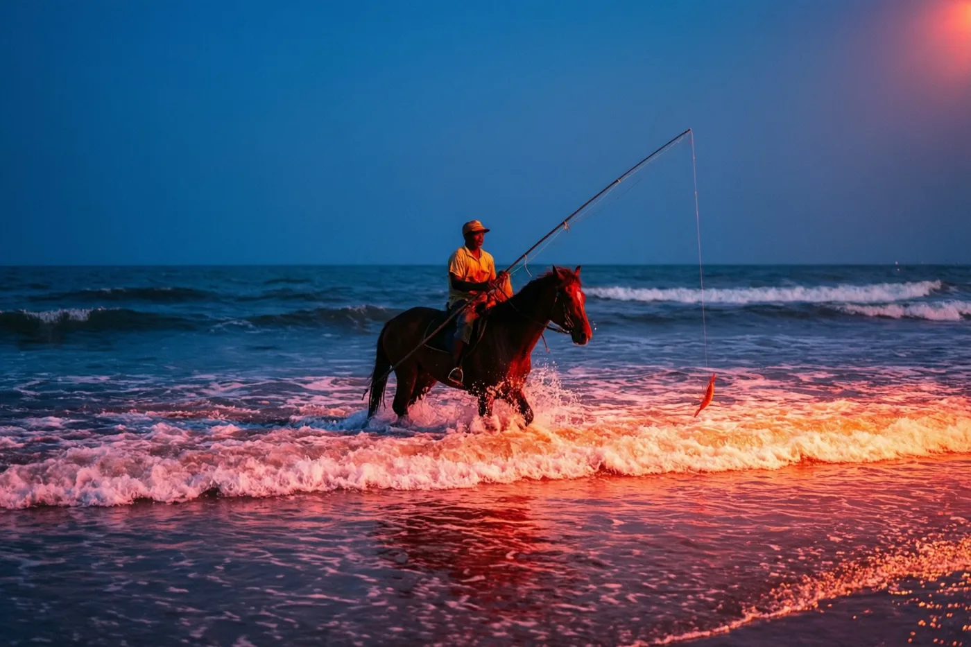 Een man rijdt op een donker paard door de ondiepe branding bij zonsondergang en houdt een hengel met een bungelende namaakgarnaal vast, onder een diepblauwe hemel met oranje en roze licht.