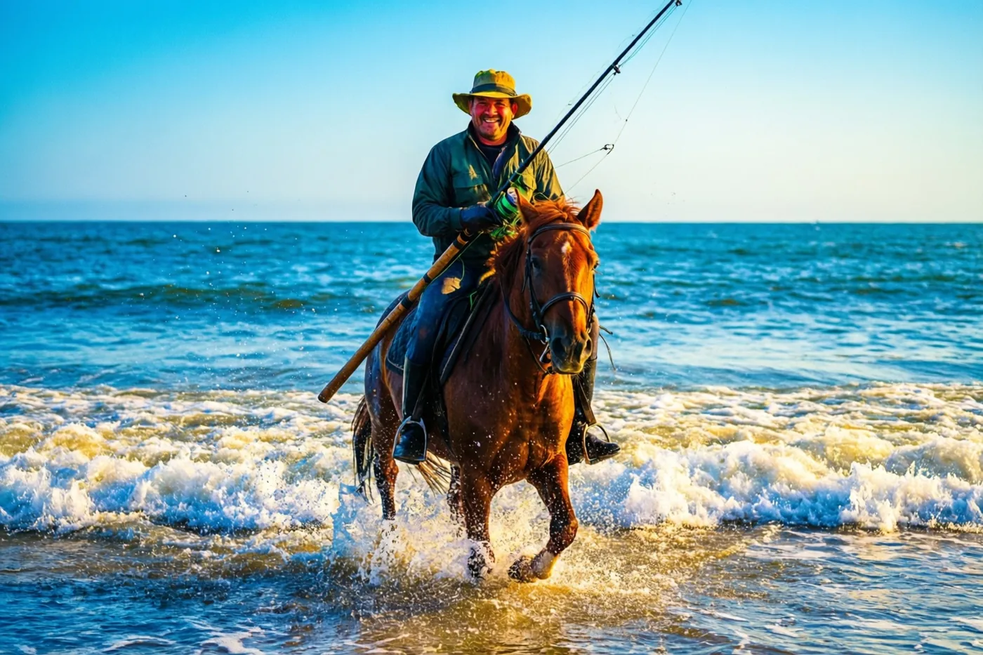 Een man met een hoed en groene jas rijdt op een bruin paard door de branding met een hengel in zijn hand, onder een helderblauwe hemel.