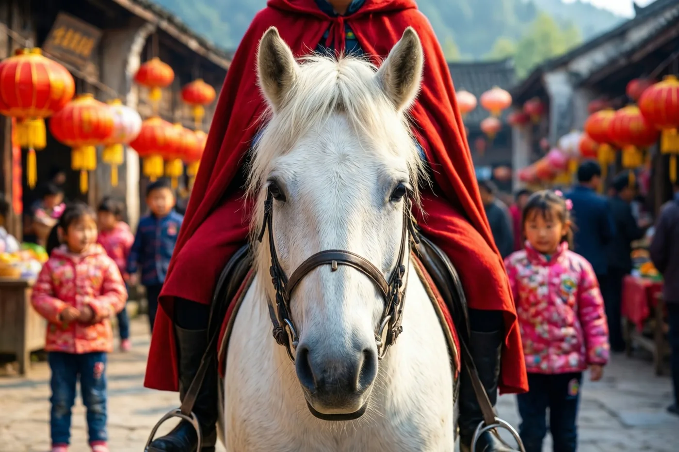 Een ruiter met een rode mantel zit op een wit paard tussen kinderen in een traditionele Chinese dorpsstraat met rode lantaarns bij helder daglicht.