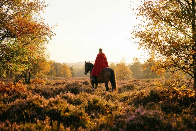 Rode mantel op gouden heide