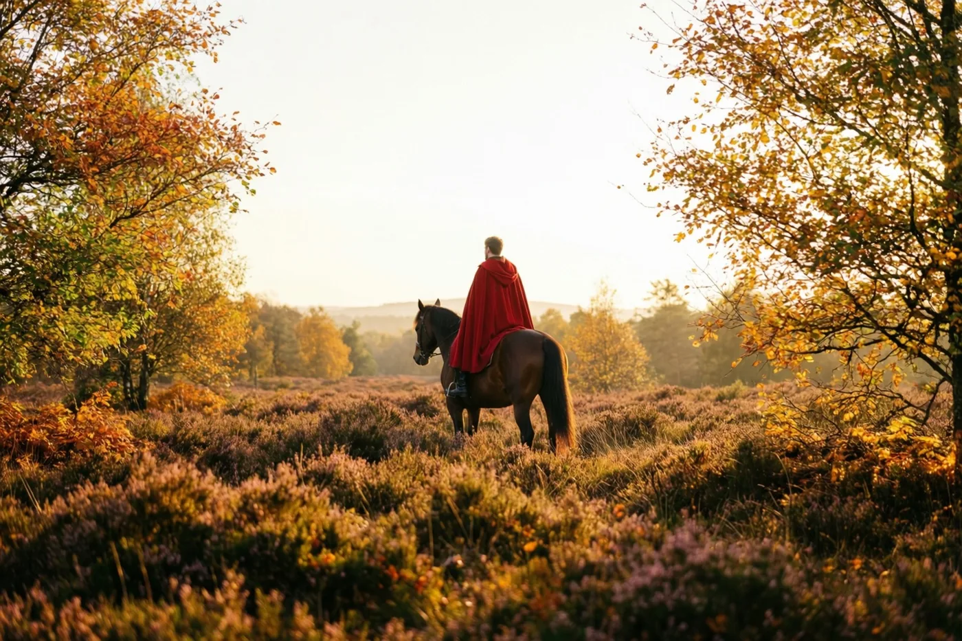 Een ruiter met een rode mantel zit met de rug naar de kijker op een stilstaand paard op een herfstige heide bij schemering, in gouden, rode, oranje en paarse tinten.