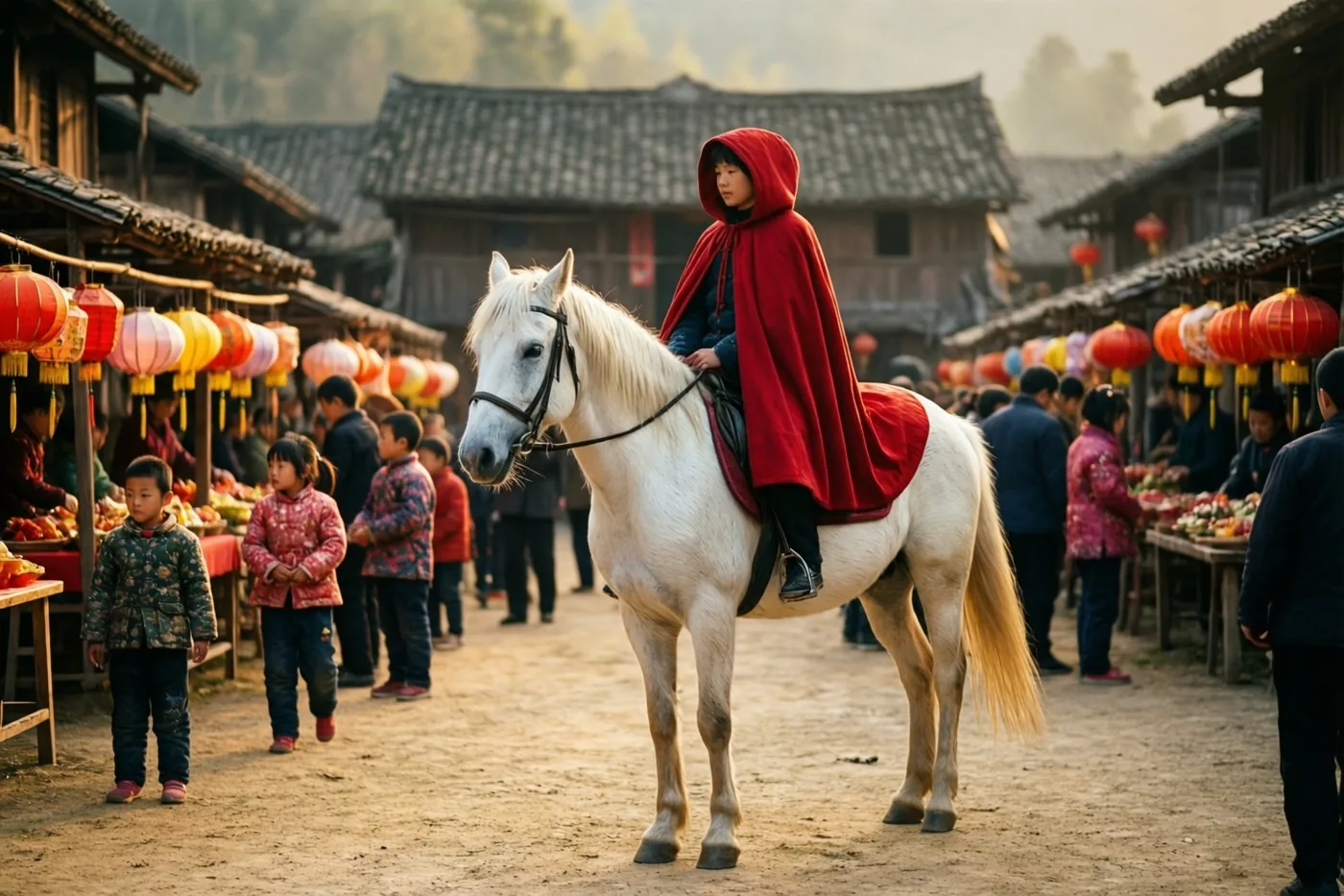 Een ruiter met een rode kapmantel zit op een wit paard op een druk dorpsplein met kinderen en kraampjes waaraan kleurrijke lantaarns hangen, in warm goudkleurig licht.