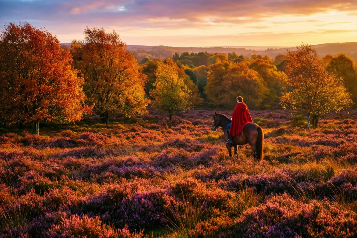In de verte rijdt een ruiter met een rode mantel over paarse herfstheide bij zonsondergang, met bomen in herfstkleuren op de achtergrond.