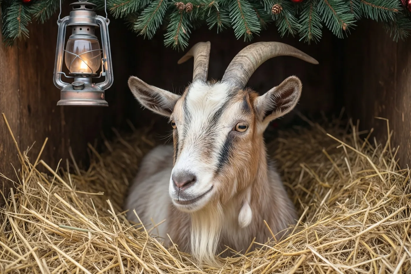Een geit met gebogen hoorns rust in een stal vol stro en kijkt naar de toeschouwer, onder een brandende ouderwetse lantaarn naast een groene dennenslinger met dennenappels.