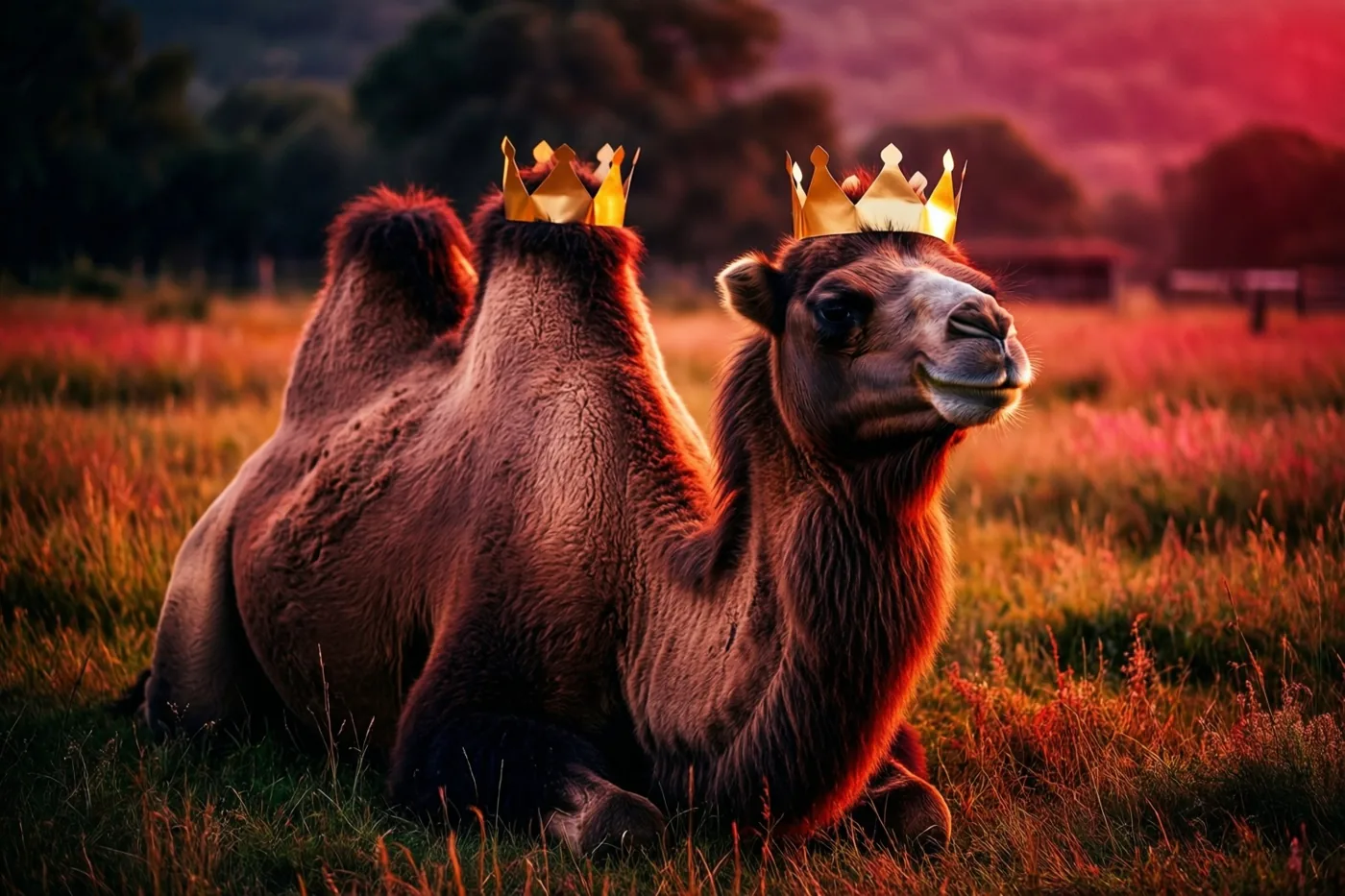 Twee kamelen rusten in een grasweide met elk een goudkleurige papieren kroon op hun bult, in warm rood-oranje licht.