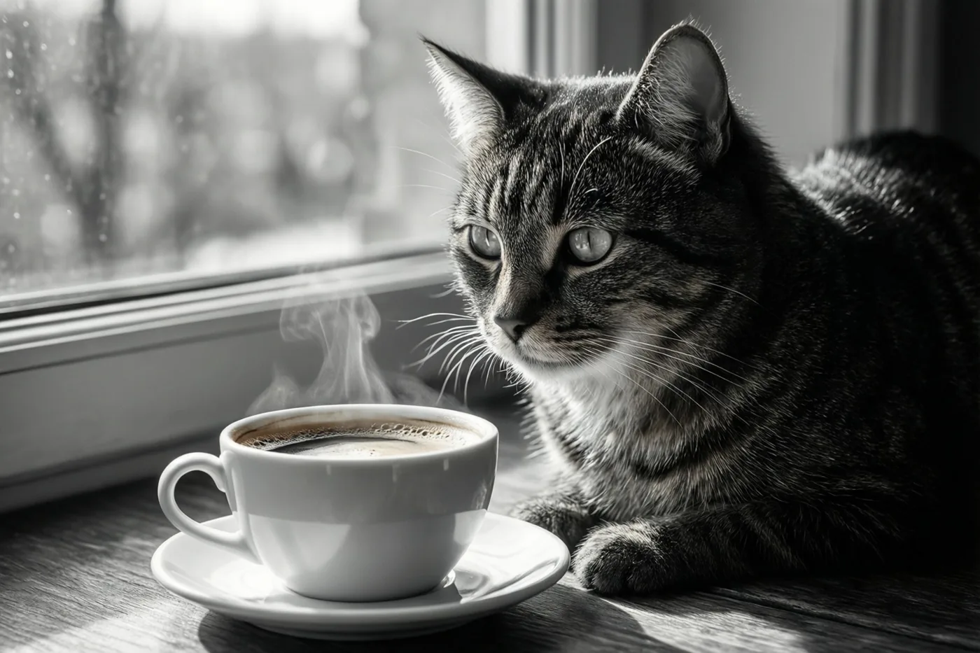 Een gestreepte kat rust naast een dampende kop koffie op een zonnige vensterbank in een zwart-witbeeld.