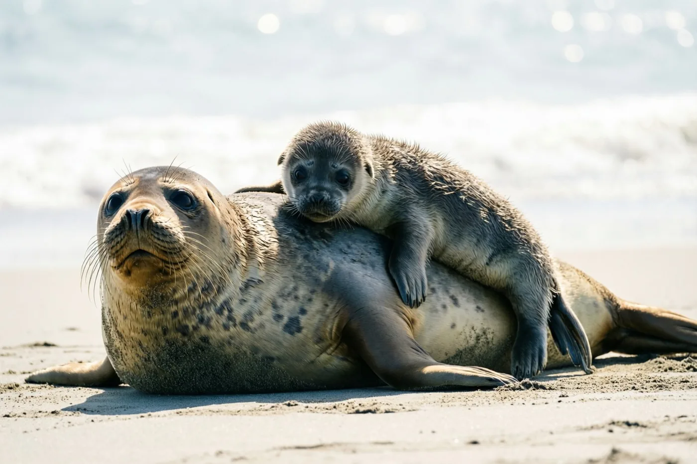 Een zeehondenmoeder rust met haar jong boven op zich op een zandstrand in fel zonlicht, met de zee op de achtergrond.