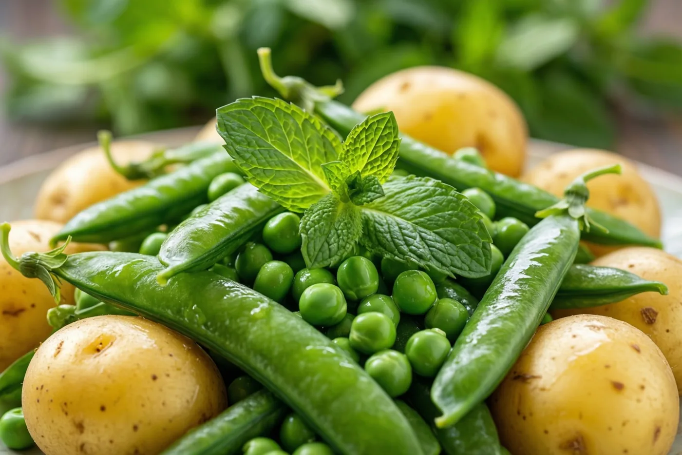 Een salade van groene erwten, muntblaadjes en kleine gele nieuwe aardappelen is van dichtbij te zien tegen een wazige groene achtergrond.