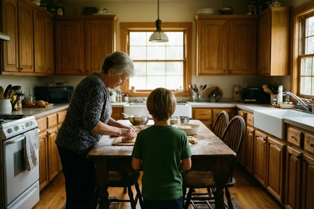 Een oudere vrouw en een jonge jongen werken samen aan een houten tafel in een landelijke keuken, verlicht door ramen en een hanglamp.