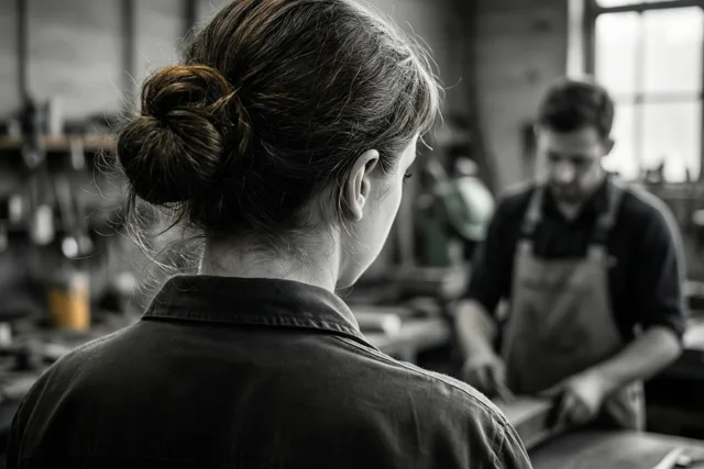 Een vrouw met haar haar in een dot kijkt vanop de rug gezien naar een man met een schort aan een werktafel, op een zwart-witfoto.