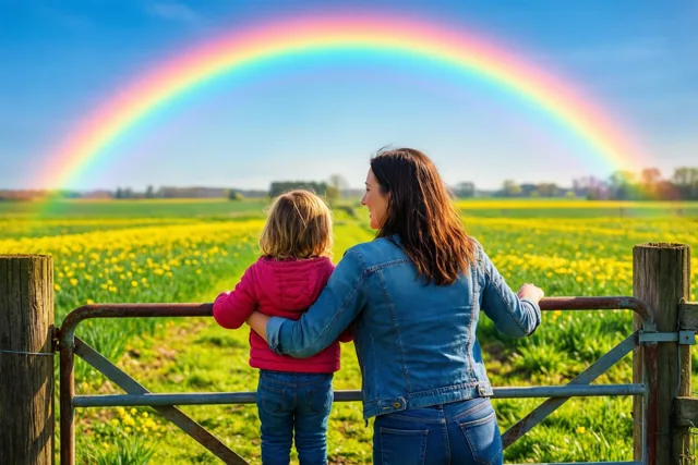 Mama, tussen de gele bloemen